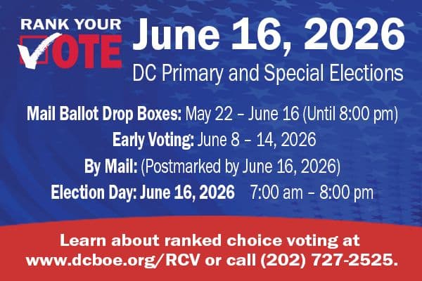 Display ad for Rank Your Vote; DC Primary Election June 16