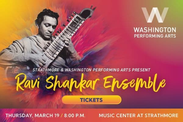 Display ad for Washington Performing Arts; Ravi Shankar Ensemble
