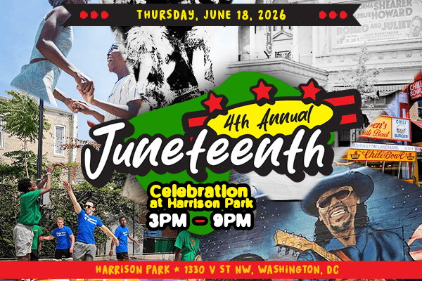 Display ad for District Bridges Juneteenth Celebration at Harrison Park. 