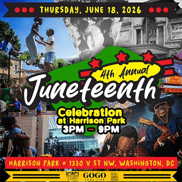 Display ad for Juneteenth celebration at Harrison Park; Thursday, June 18 from 3pm - 9pm
