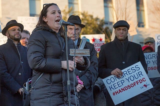 Councilmember Brianne Nadeau at Hands Off DC Rally