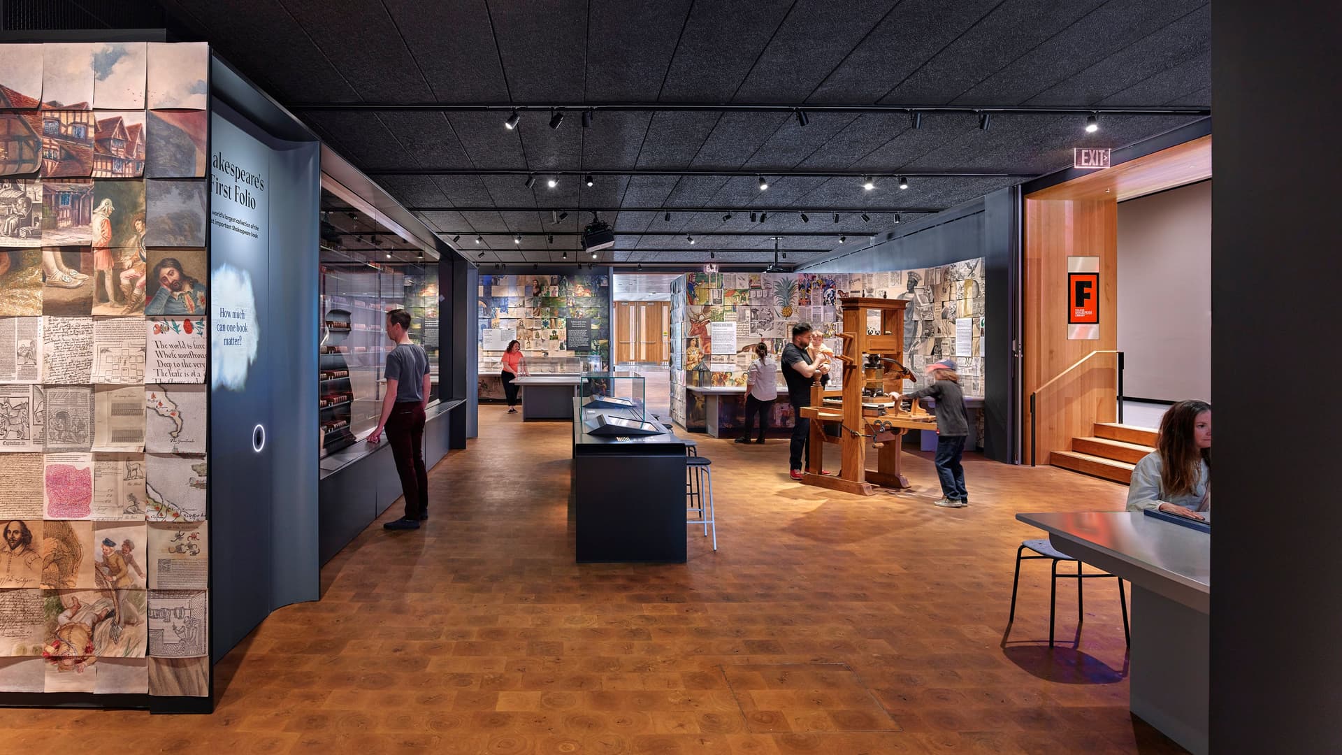 Shakespeare exhibition hall with the 82 First Folios on display and a fully functioning printing press.