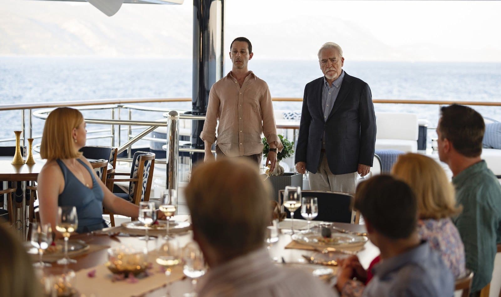 Screenshot from the HBO show "Succession" with the cast on a yacht.
