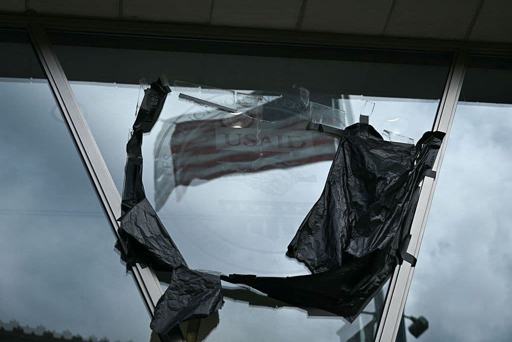 Remnants of signage for the US Agency for International Development (USAID)