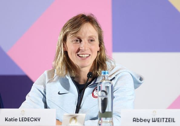 Katie Ledecky of Team USA at a press conference ahead of the Paris 2024 Olympic Games on July 24. (Michael Reaves/Getty Images)