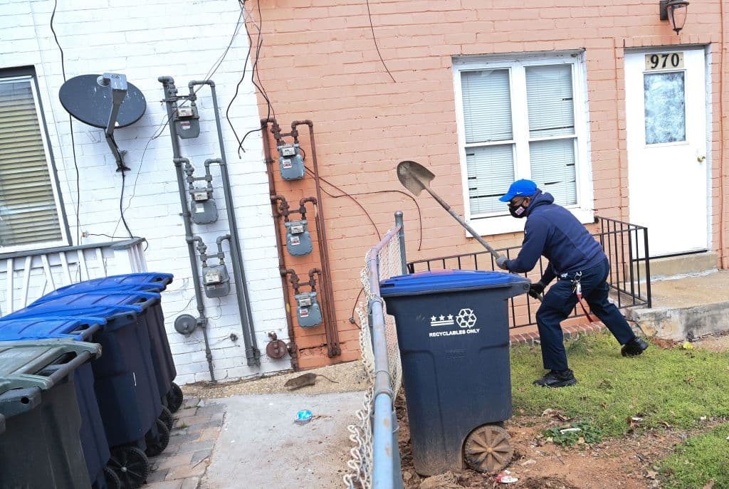 A person in a blue hat chases a rat through their yard while holding a shovel.