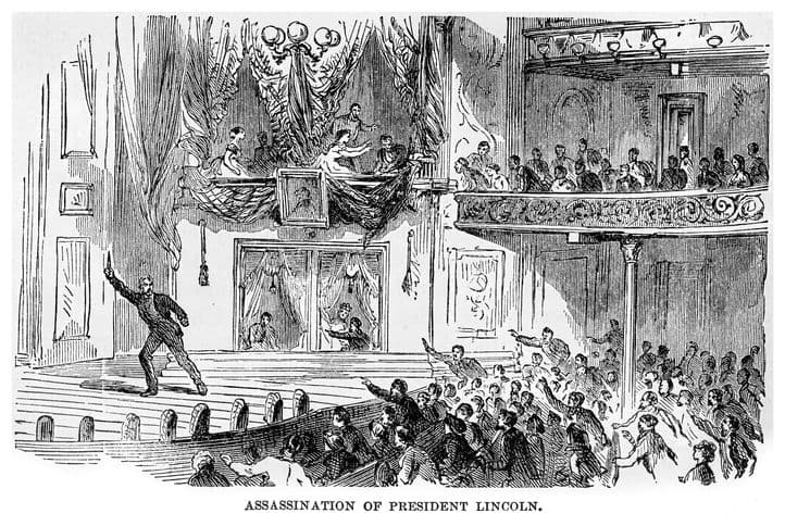 Old, engraved illustration of assassination of Abraham Lincoln.