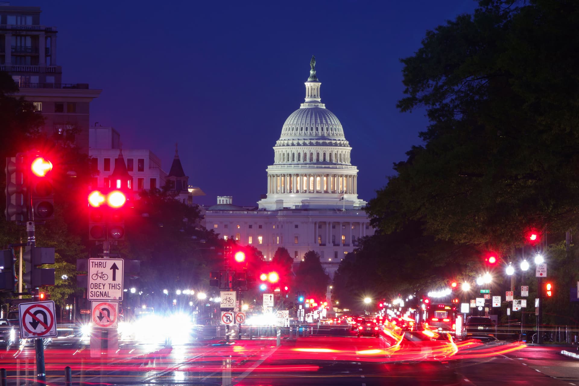 Pennsylvania Avenue in a long exposure photo. The U.S. Capitol Building is int he background