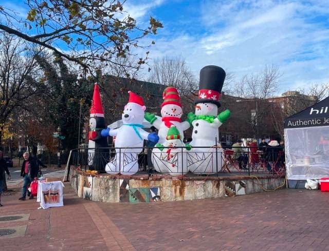 Some jolly snow creatures in Lamont Plaza.