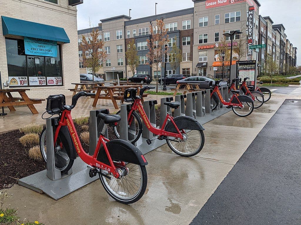 Capital Bikeshare station on the corner of Key West Avenue and Siesta Key Way in Rockville.