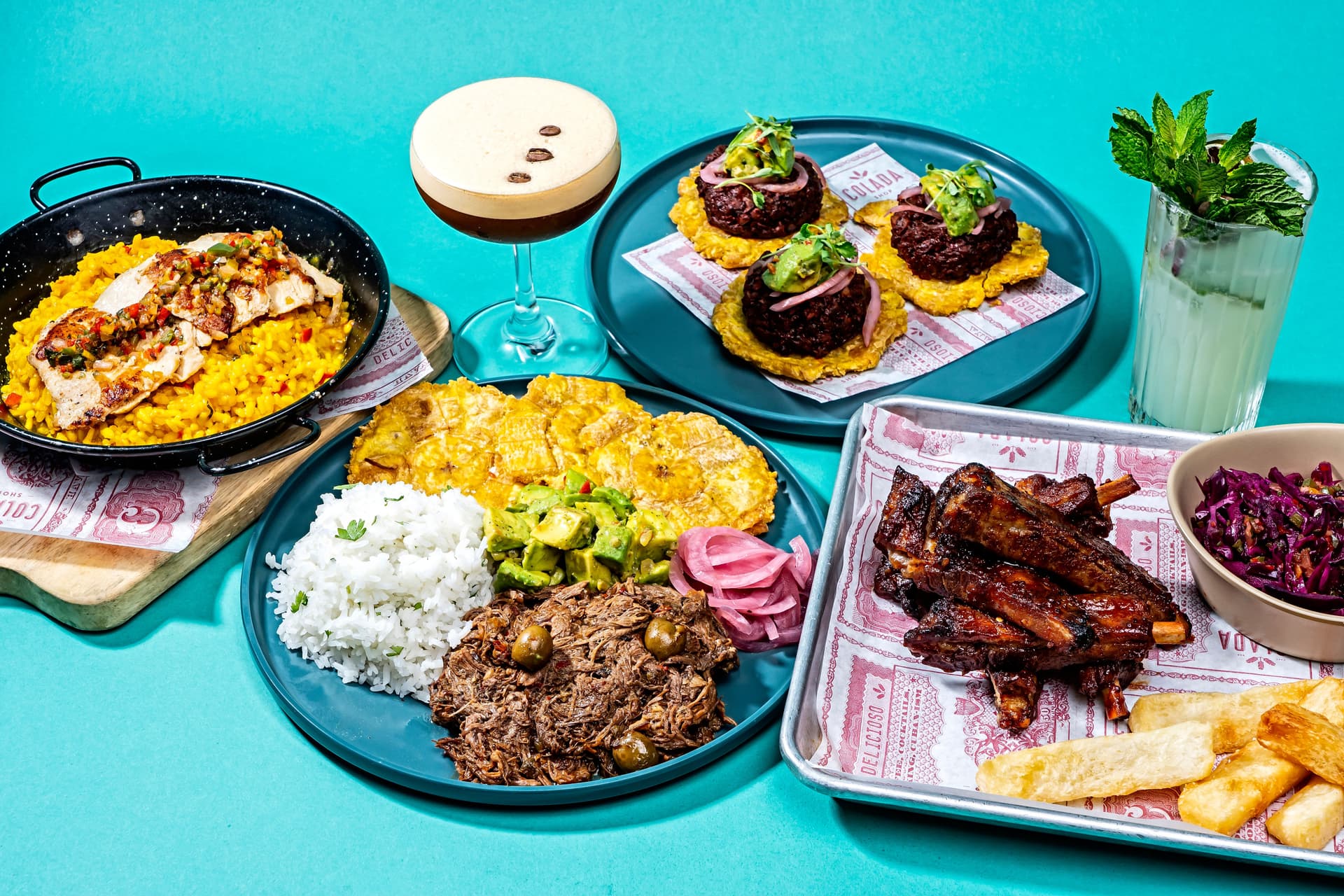 Spread at Colada Shop including guava BBQ ribs and ropa vieja.