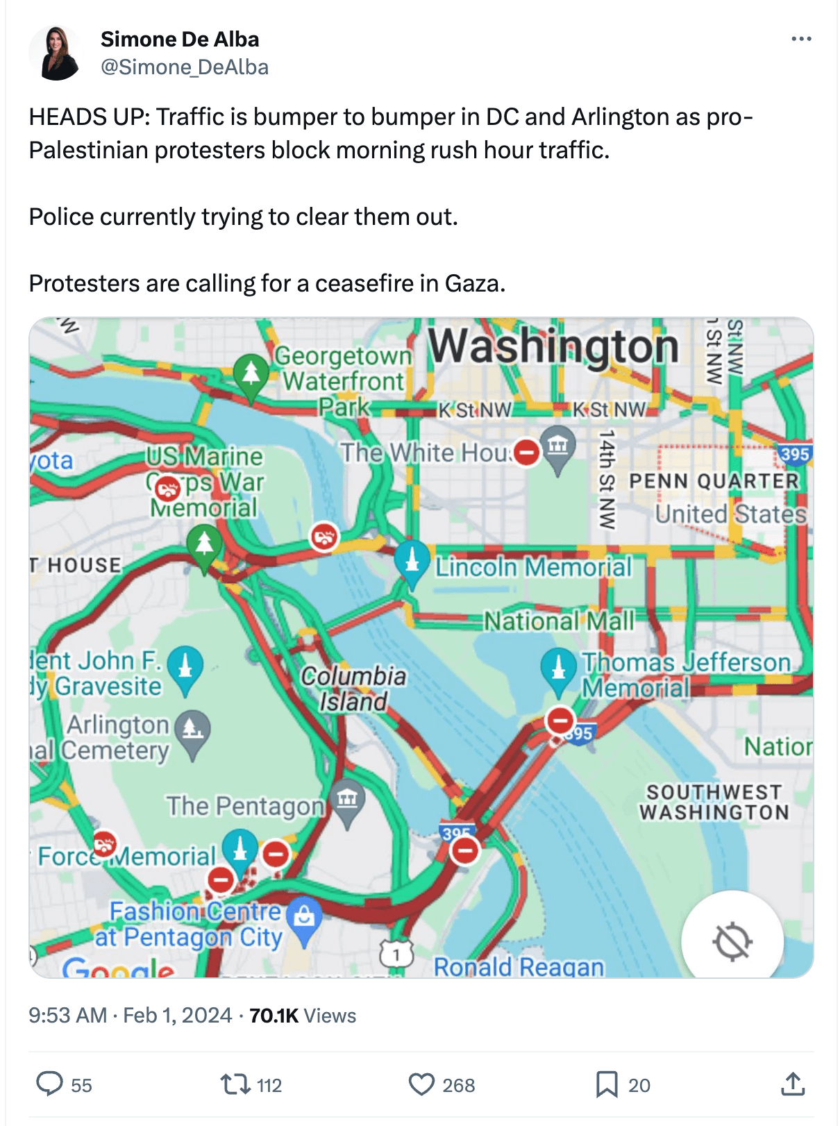 Pro-ceasefire protesters brought traffic to a standstill. (@Simone_DeAlba/X Formerly Known as Twitter)
