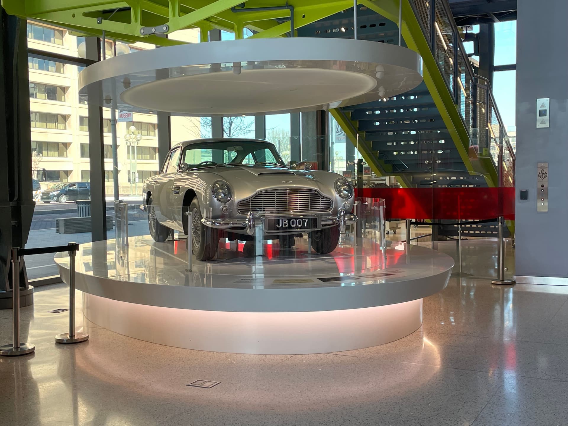 James Bond’s famous Aston Martin car in the lobby of the Spy Museum.