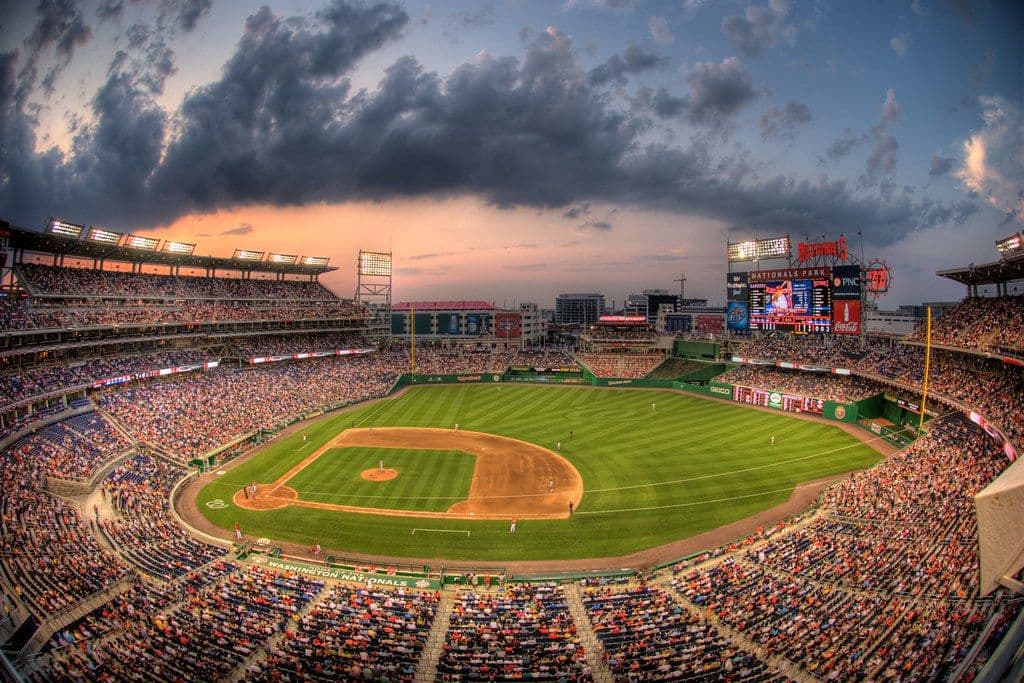 Nighttime aerial photo of the Washington Nationals Park.
