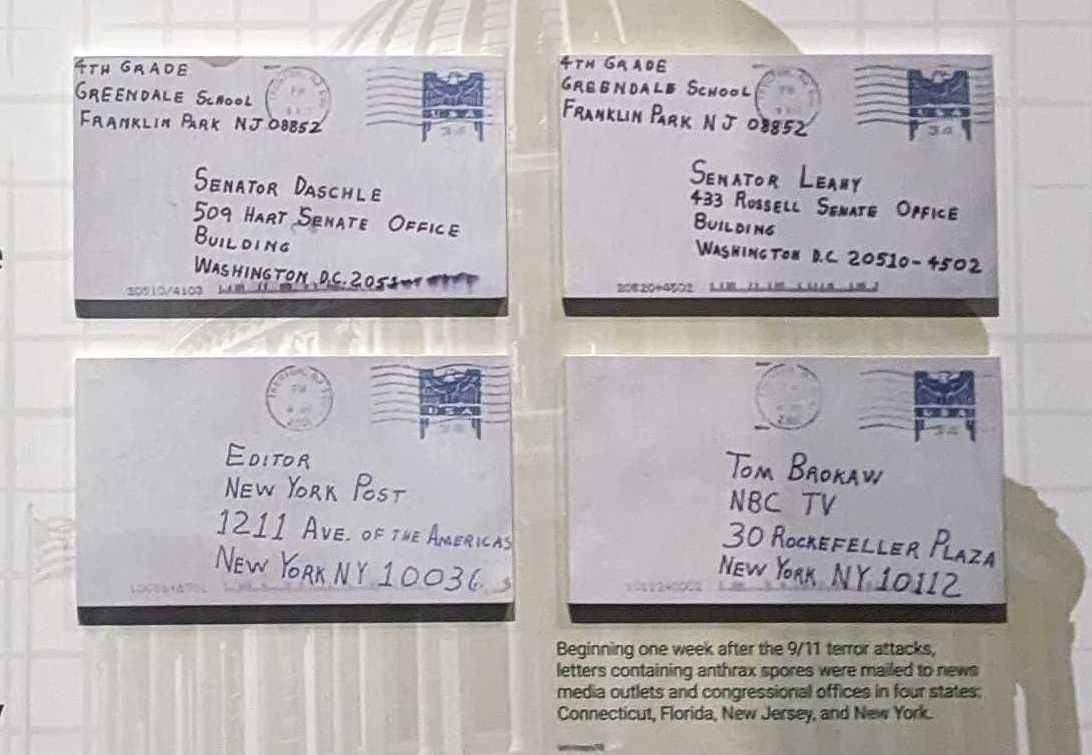 Letters containing anthrax spores that were mailed to victims.