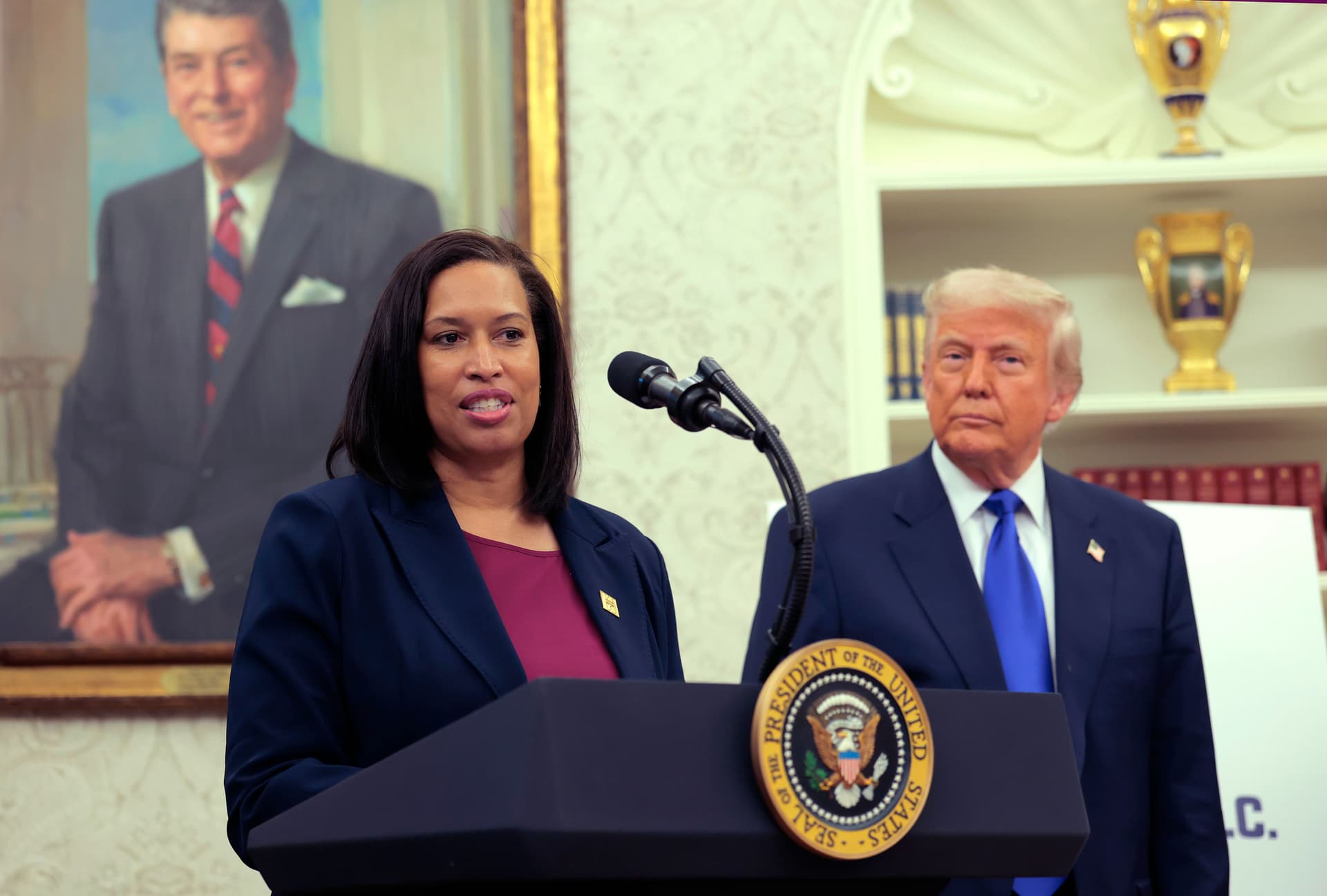 Washington, DC Mayor Muriel Bowser speaks alongside U.S. President Donald Trump during an event on the NFL Draft in the Oval Office of the White House on May 05, 2025 in Washington, DC. President Trump announced that the 2027 NFL Draft will be held on the National Mall.